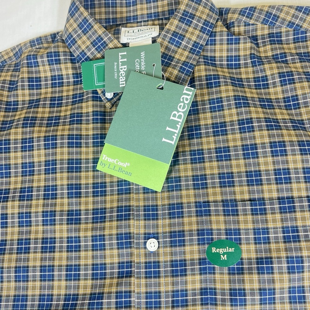 LL Bean Shirt Plaid Blue Tan Cotton Mens M Regular 502253 - Picture 5 of 9